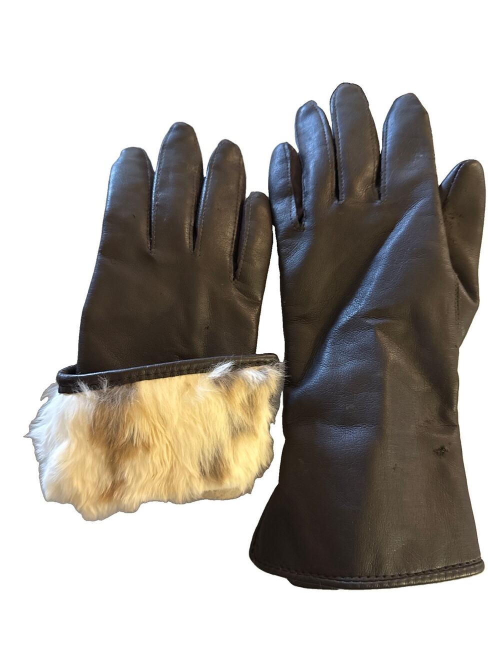 Vtg Women’s Brown Leather Gloves W/Rabbit Fur Trim/Cuffs Size A 6-7